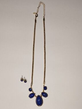 Gold-Tone Necklace and Stud Earrings with Blue Gemstones
